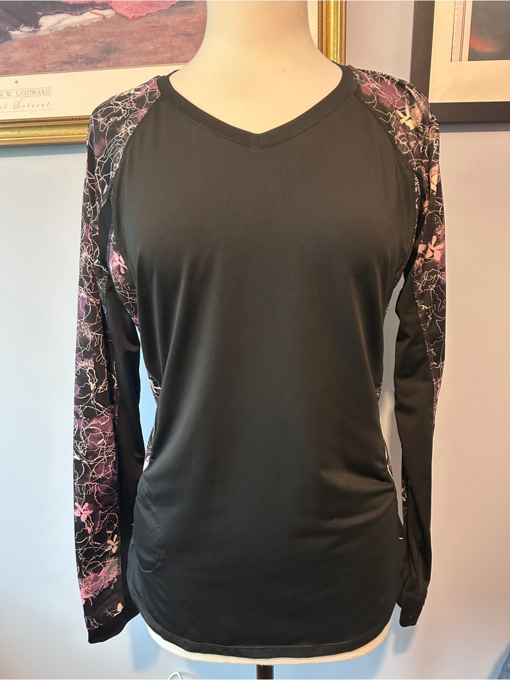 Danskin Black V-Neck Long Sleeve Top with Pink & Purple Patterned Sleeves